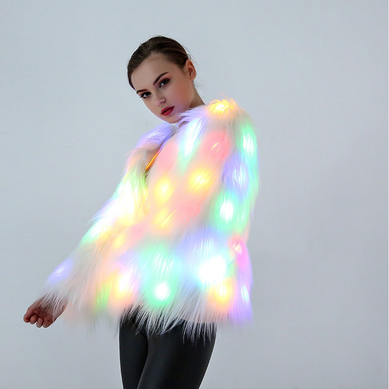 เสื้อแจ็กเก็ต มีฮู้ด แต่งขนเฟอร์เทียม มีไฟ LED หลากสีสัน เหมาะกับการเต้นรํา คอสเพลย์วาเลนไทน์ สําหรับผู้หญิง