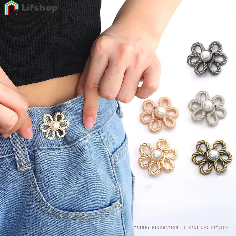 หัวเข็มขัดรัดเสื้อผ้า ปรับได้ DIY / หัวเข็มขัดรัดเสื้อผ้า ลายดอกไม้ / กระดุมกางเกงยีน ฟรีตะปู / รัดเอว เรียบง่าย มีสไตล์ / กระดุมดอกไม้ มุก