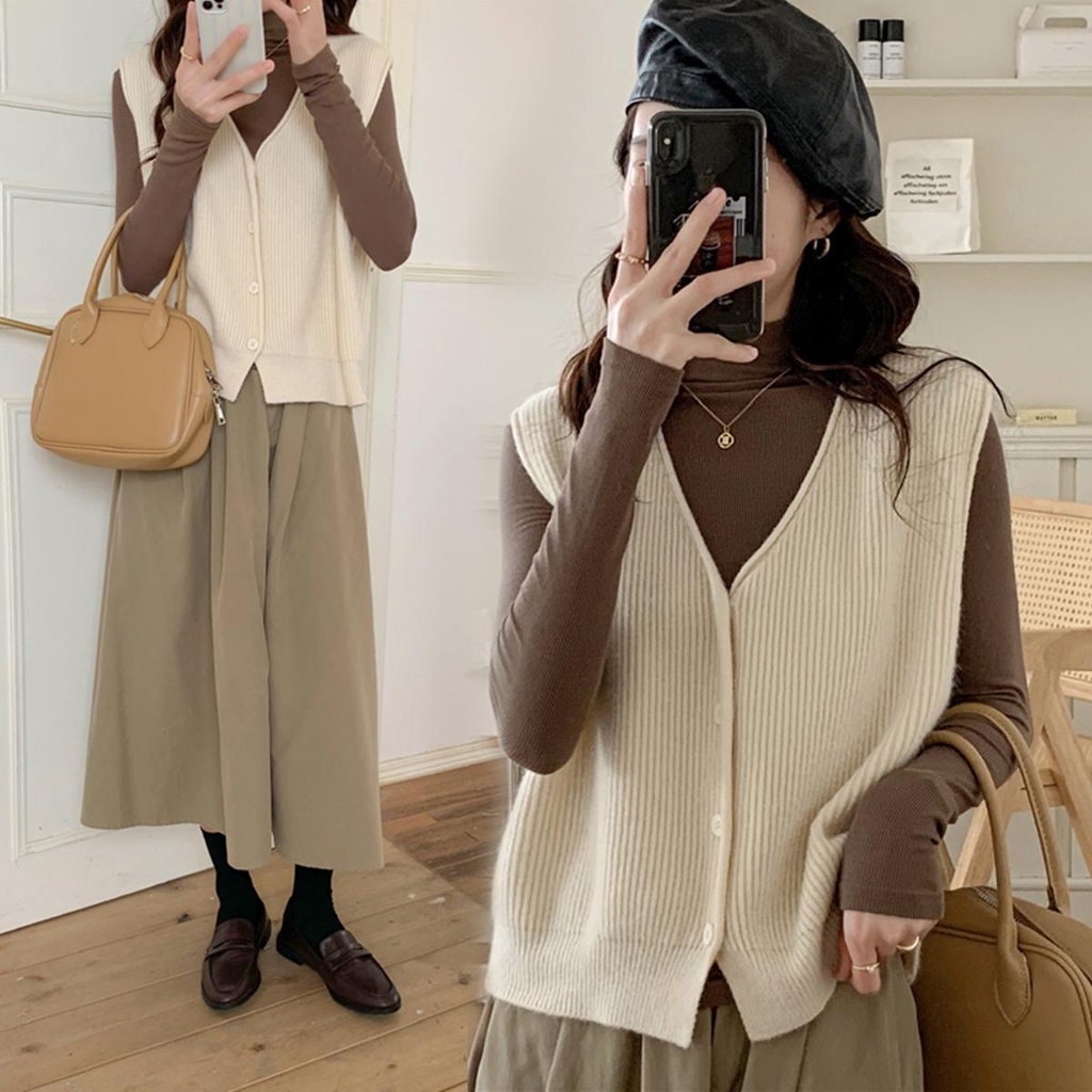 KOKO 80095 พร้อมส่ง เสื้อกั๊กเสื้อกันหนาวผู้หญิง แขนกุด แฟชั่น ย้อนยุคปิดกระดุมเก๋ๆ สีพึ้นเรียบๆ