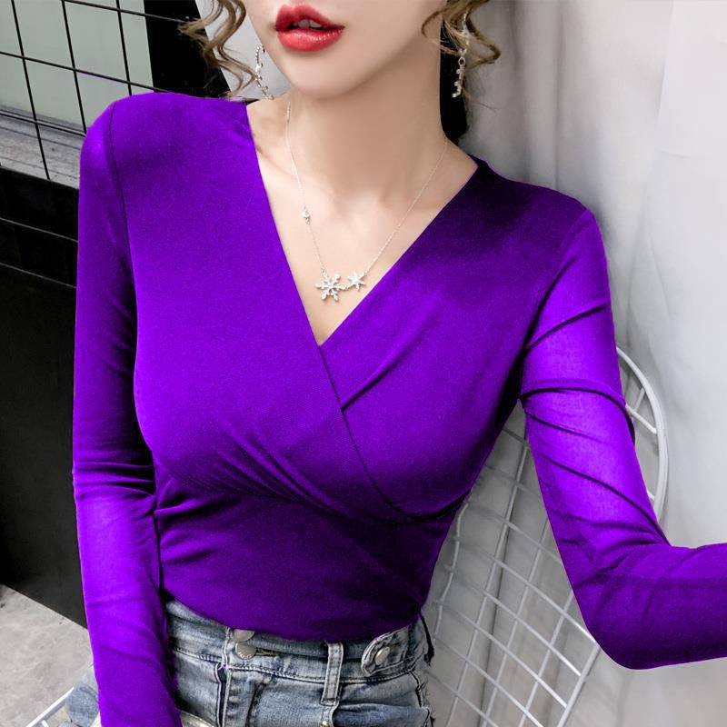 เสื้อยืดแขนยาว คอวี สีม่วง คุณภาพสูง หรูหรา สไตล์เกาหลี สําหรับผู้หญิง 2023