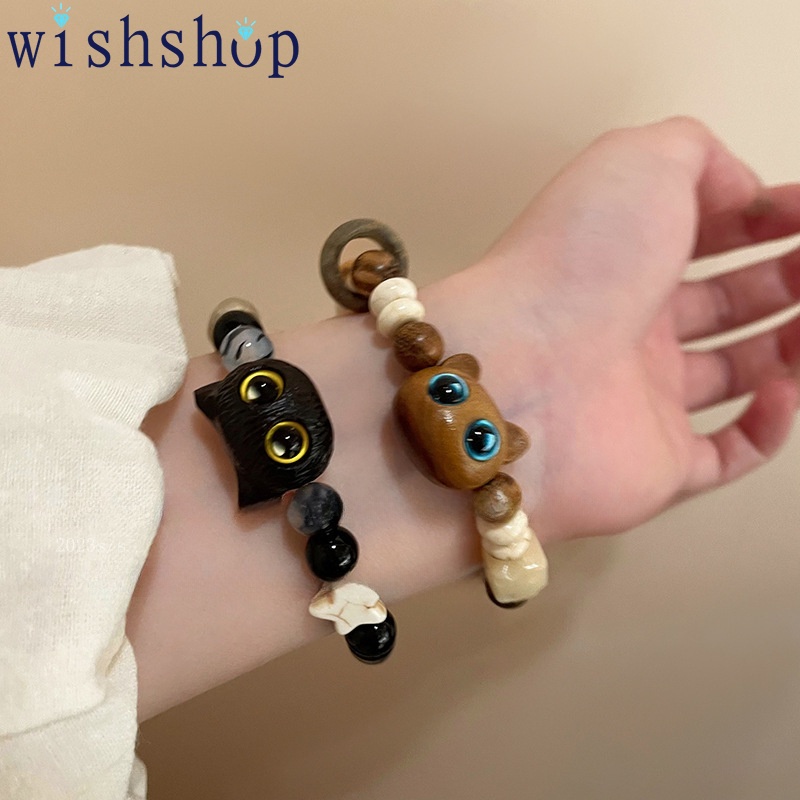เครื่องประดับ สร้อยข้อมือ ประดับลูกปัดหินธรรมชาติ รูปหัวแมวนําโชค สีดํา เหมาะกับของขวัญวันวาเลนไทน์ สําหรับผู้หญิง
