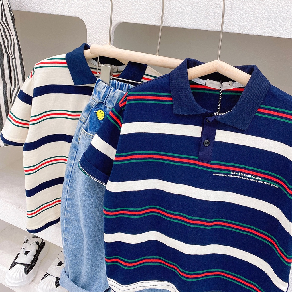 เสื้อโปโลแขนสั้น ผ้าฝ้าย 100% พิมพ์ลายทาง ระบายอากาศ แบบแห้งเร็ว แฟชั่นฤดูร้อน สําหรับเด็กผู้ชาย 2023