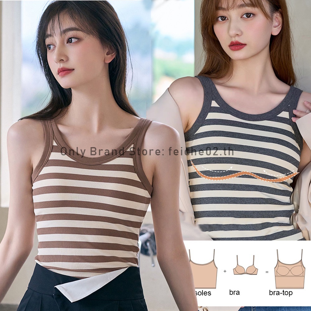 เสื้อครอปท็อป บรา เสริมฟองน้ํา ลายทาง สไตล์เกาหลี สําหรับผู้หญิง