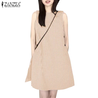 Zanzea ชุดเดรส คอกลม แขนกุด ลายสก๊อต มีกระเป๋าด้านข้าง สไตล์เกาหลี สําหรับผู้หญิง