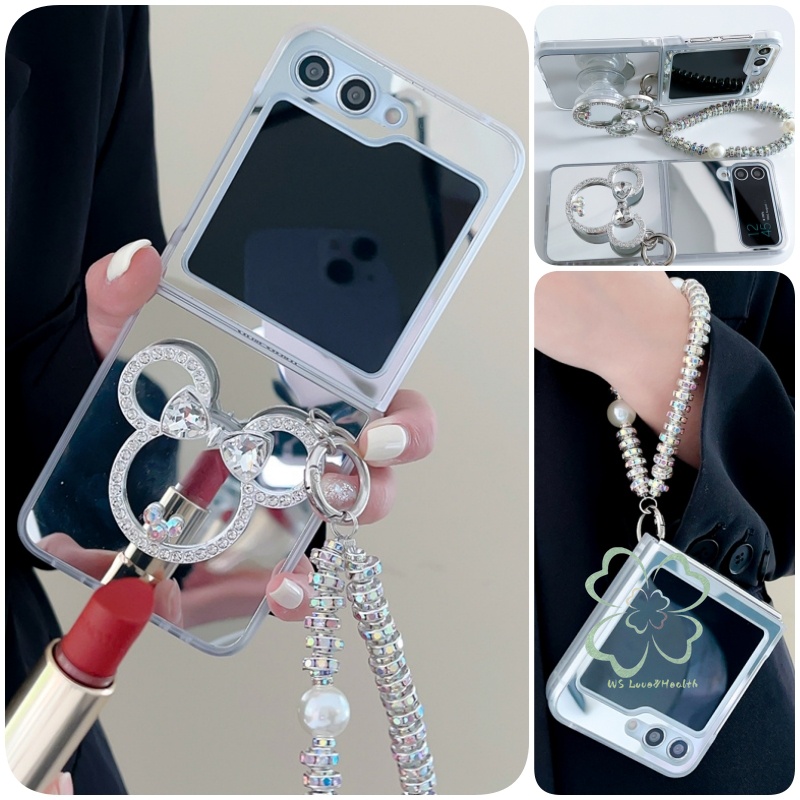 เมาส์น่ารัก กระจกแต่งหน้าขาตั้งเคสโทรศัพท์ Samsung Galaxy Z Flip 6 Z Flip 5 Z Flip 4 Z Flip 3 Casing with Diamond Bracelet Back Cover Shell