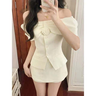 (ส่งจากกรุงเทพ) ฤดูร้อนรูปแบบใหม่ เสื้อเปิดไหล่ + ทรงหลวมมีกระดุม กางเกงขาสั้น สูท