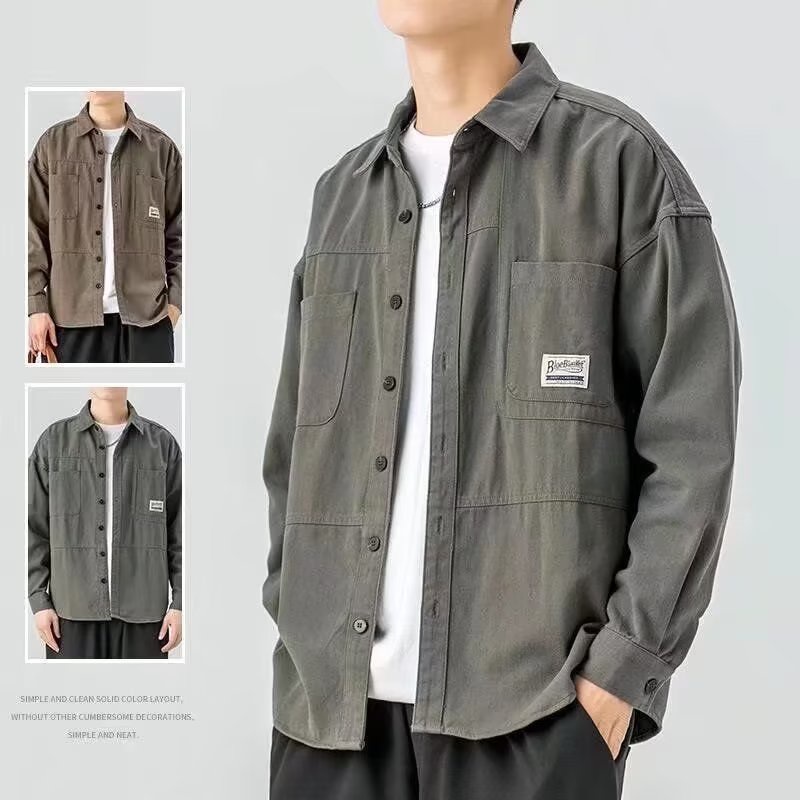 เสื้อแจ็กเก็ตแขนยาวลําลอง ทรงหลวม สีพื้น สไตล์ฮ่องกงเรโทร สําหรับผู้ชาย