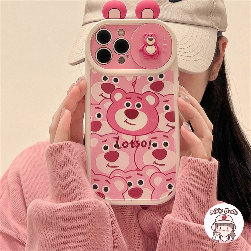 เคสโทรศัพท์มือถือ TPU นิ่ม กันฝุ่น กันรอยเลนส์ ลายการ์ตูนสตรอเบอร์รี่ 3D สีชมพูวาว สําหรับ IPhone 15 Pro 14 13 12 11 Pro Max X 7Plus