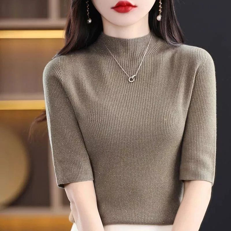 เสื้อถักสําหรับผู้หญิงไซส์ใหญ่ฤดูร้อนสไตล์เกาหลีครึ่งคอเต่าเสื้อแขนยาว จุดต่ําสุด