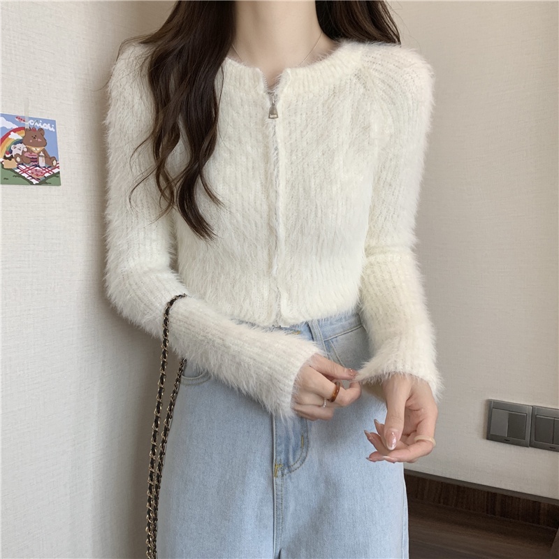 Maze**พร้อมส่ง**เสื้อคาร์ดิแกนแขนยาว ขนมุ้งมิ้ง ดีเทลซิปรูดได้สองทางเกาหลีมาก (M5508) - รูปที่ 3