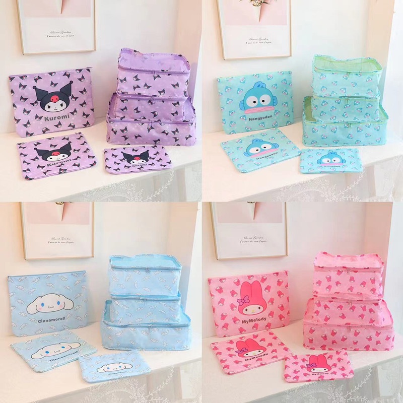 กระเป๋าเก็บเสื้อผ้า ผ้านวม ป้องกันฝุ่น แบบพับได้ ลายหมีคุโรมิ สีรุ้ง สําหรับเดินทาง 6 ชิ้น