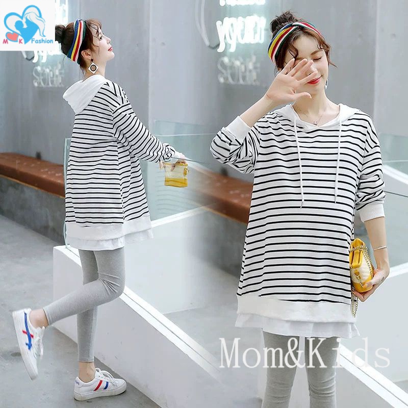 เสื้อคลุมท้อง แขนยาว มีฮู้ด ลายทาง ทรงหลวม แฟชั่นฤดูใบไม้ผลิ และฤดูใบไม้ร่วง สําหรับคุณแม่ตั้งครรภ์