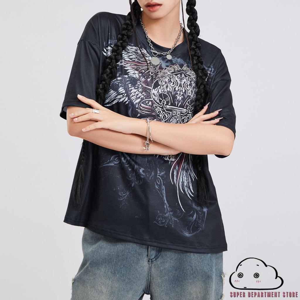 Super- เสื้อยืดแขนสั้น พิมพ์ลายปีกไม้กางเขน สไตล์โกธิค วินเทจ ทรงหลวม สําหรับผู้หญิง