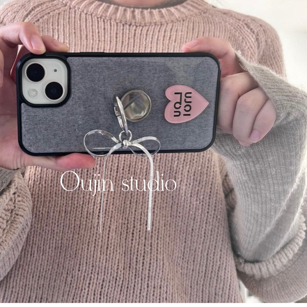เคสป้องกันโทรศัพท์มือถือ ผ้าวูล แบบแข็ง ขอบสีดํา พิมพ์ลายโบว์ สีเทา สไตล์เกาหลี ฝรั่งเศส เหมาะกับฤดูใบไม้ร่วง ฤดูหนาว สําหรับ Iphone 15 14promax 13 12 11
