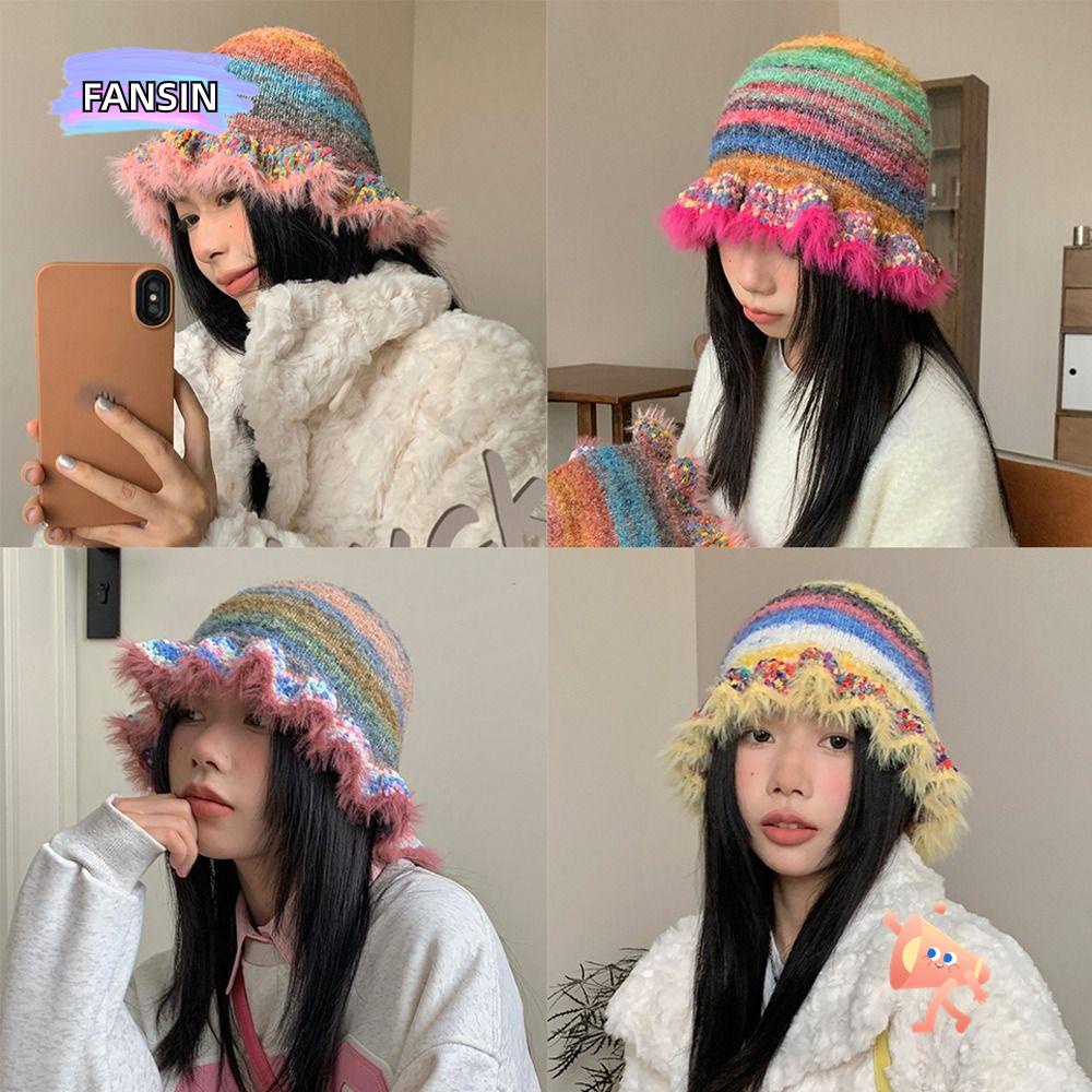 Fansin หมวกบีนนี่ ผ้าขนสัตว์ถักโครเชต์ ลายทางสีรุ้ง แฟชั่นฤดูใบไม้ร่วง ฤดูหนาว