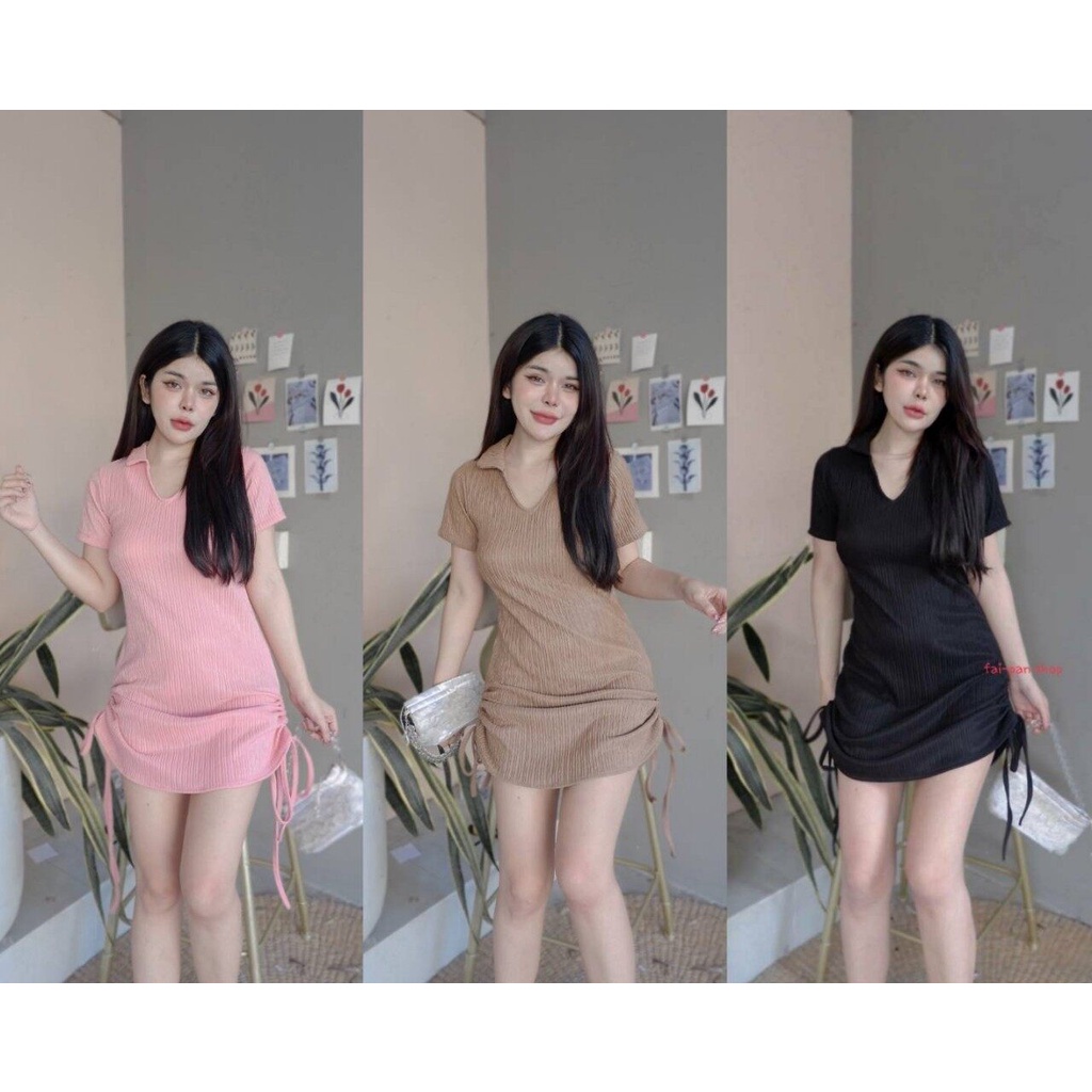 DR36 ชุดเดรสสั้น มินิเดรส คอวีปก แขนสั้น เชือกรูดด้านข้าง 2 ข้าง เดรสแฟชั่นผู้หญิง ผ้าท็อฟฟี่