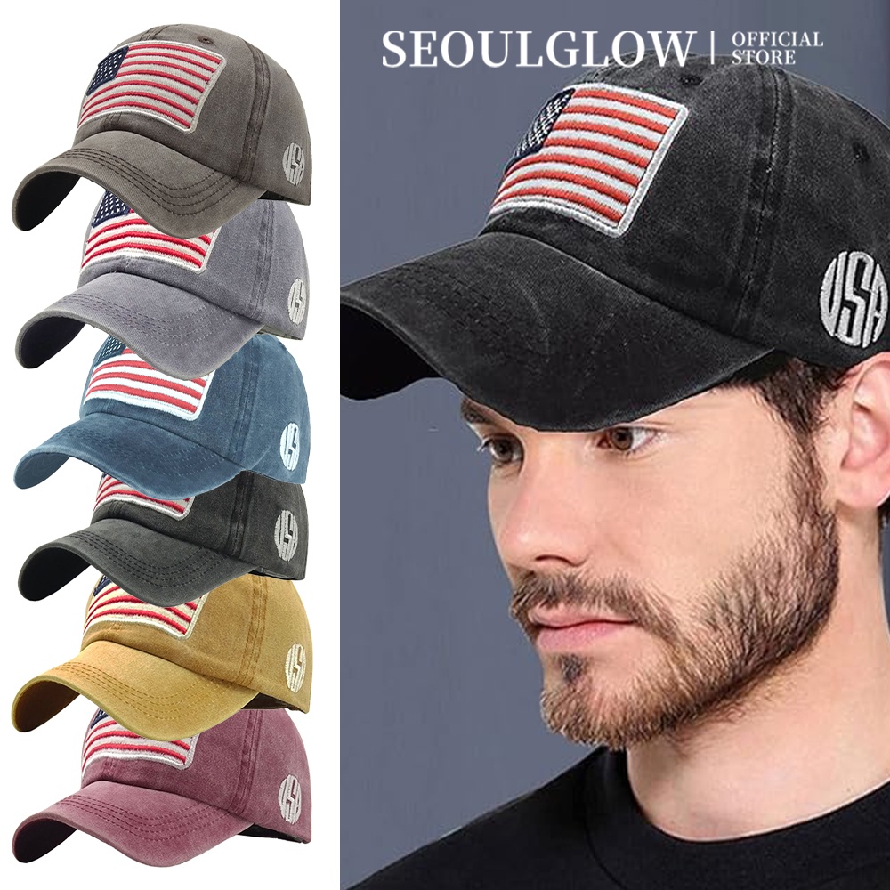 Usa หมวกเบสบอล ผ้าฝ้ายแท้ พิมพ์ลายตัวอักษร ธงชาติอเมริกา ล้างได้ อเนกประสงค์ สําหรับผู้ชาย และผู้หญิง SEOULGLOW