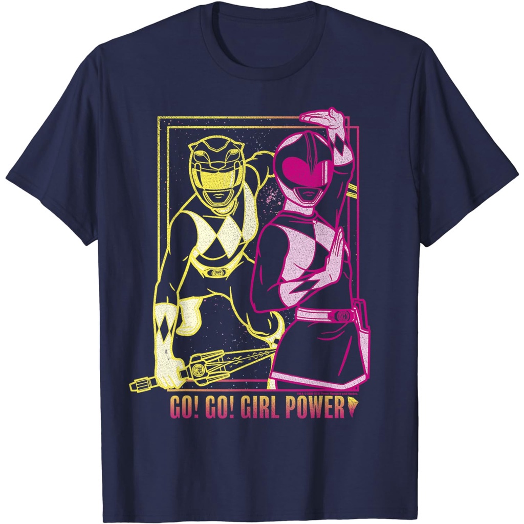 แฟชั่น เสื้อยืดผ้าฝ้าย พิมพ์ลาย Power Rangers Go Go Girl Power Pink &amp; Yellow Ranger Art 4XL 5XL 6XL สําหรับผู้ชาย ผู้หญิ