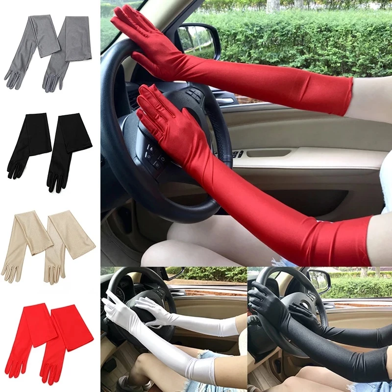 ถุงมือยาว ผ้าซาติน แบบยืดหยุ่น หรูหรา สีชมพู สีแดง สีดํา สีขาว เครื่องแต่งกายคอสเพลย์ ปาร์ตี้ งานแต่งงาน สําหรับผู้หญิง