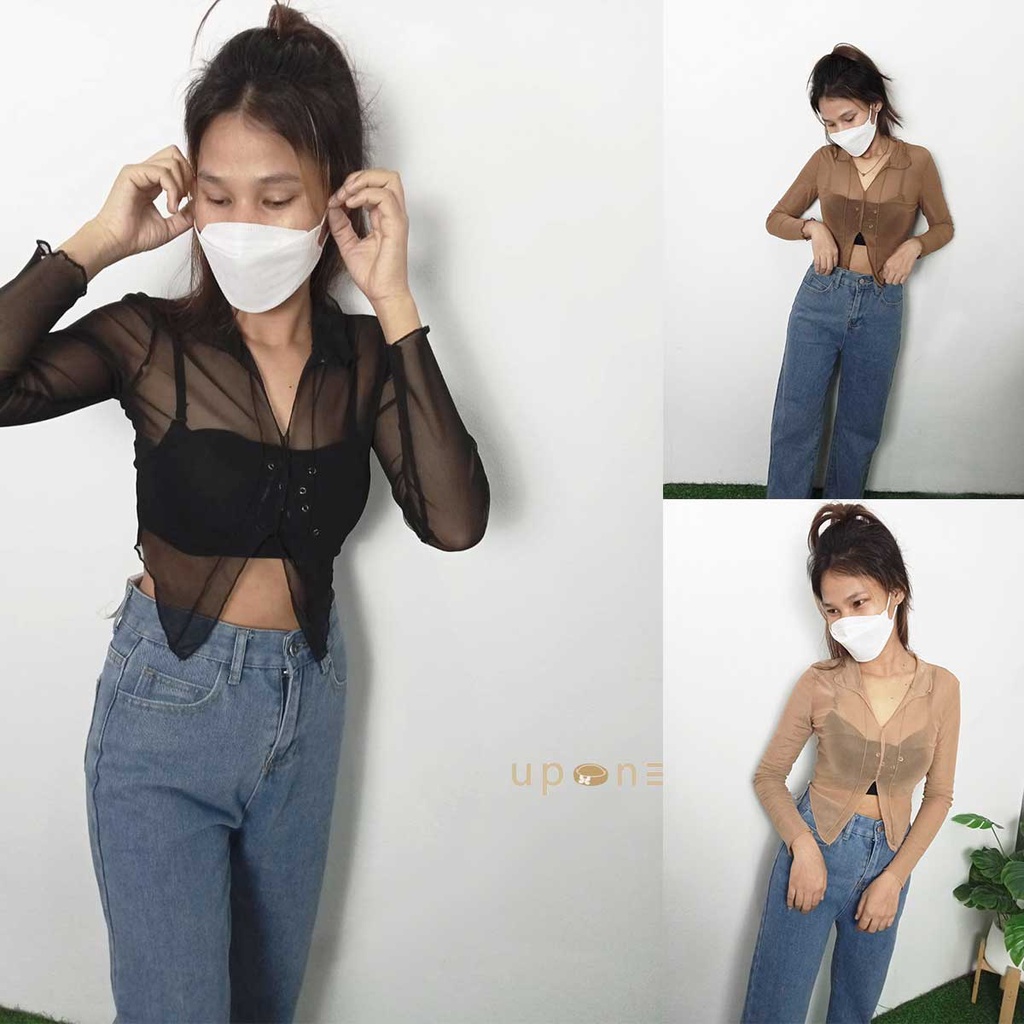 เสื้อครอปคอปก ซีทรู เสื้อไปทะเล ครอปรัดรูป