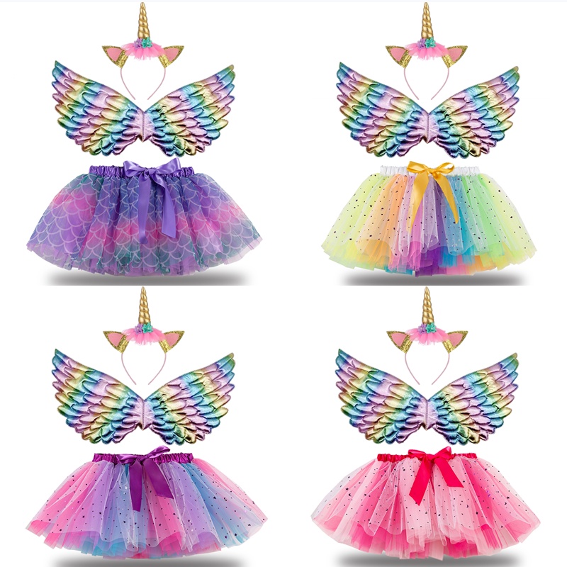 ชุดเดรสกระโปรงสั้น ที่คาดผม แต่งปีกยูนิคอร์น สีรุ้ง สําหรับเด็กผู้หญิง เหมาะกับงานปาร์ตี้วันเกิด
