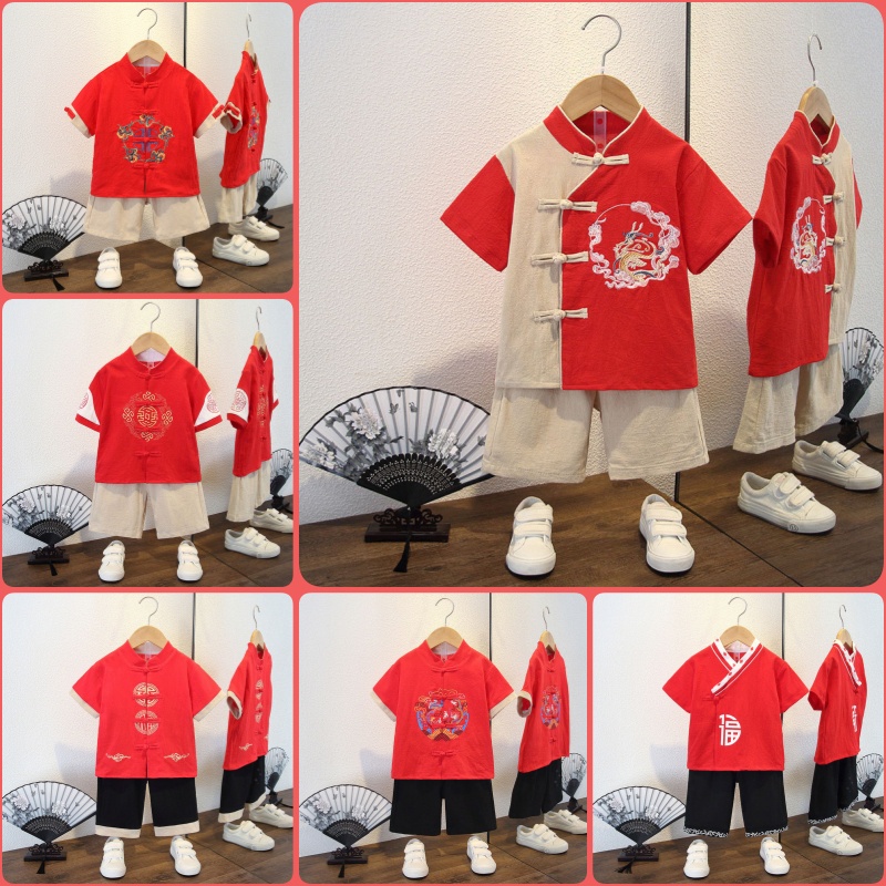 ชุดเสื้อผ้าเด็กอนุบาล CNY สีแดง สไตล์ฮั่นฝู แฟชั่นเรโทร สําหรับเด็กนักเรียน 2024