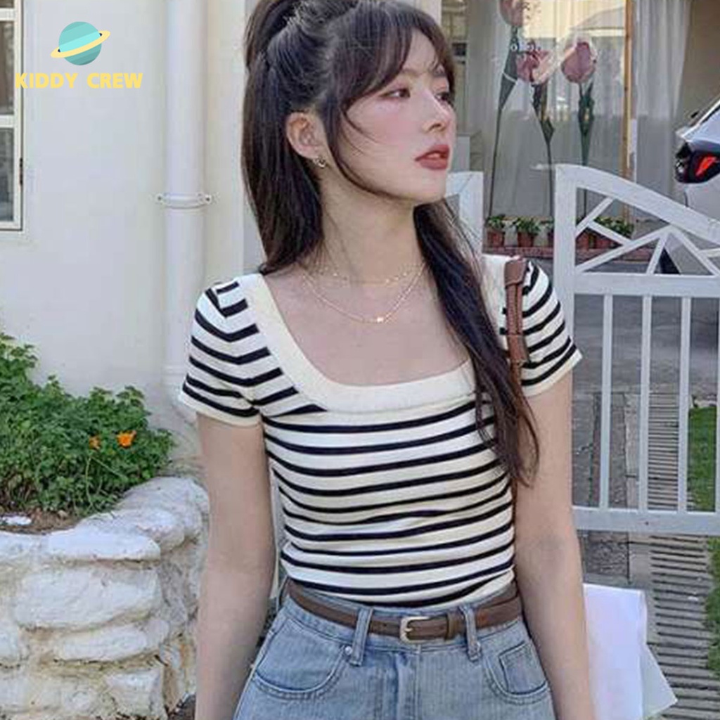พร้อมส่ง เสื้อครอปสั้นคอกลมลายทาง ทันสมัยเป็นมิตรกับผิว