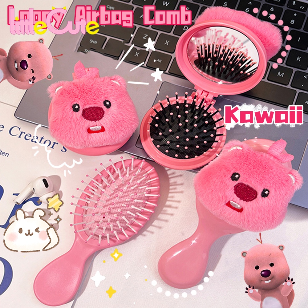 เครื่องมือจัดแต่งทรงผมผู้หญิง / Kawaii Plush Pink Beaver Hair Combs / Cartoon Cute Loopy Folding Airbag Comb With Mirror / Travel Portable Mini Massage Air Cushion Comb
