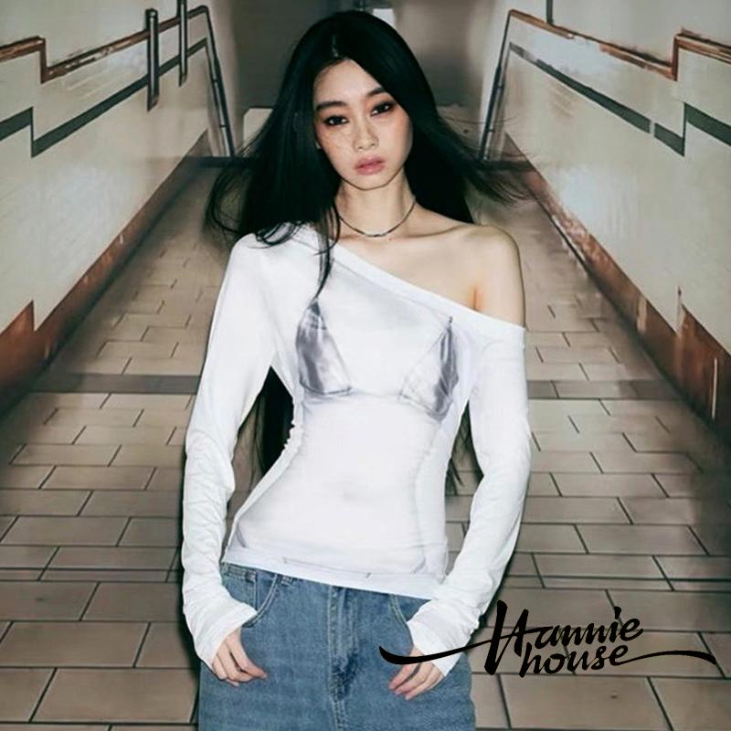 Hannie- เสื้อยืดแขนยาว เปิดไหล่ พิมพ์ลาย 3 มิติ แฟชั่นสําหรับผู้หญิง