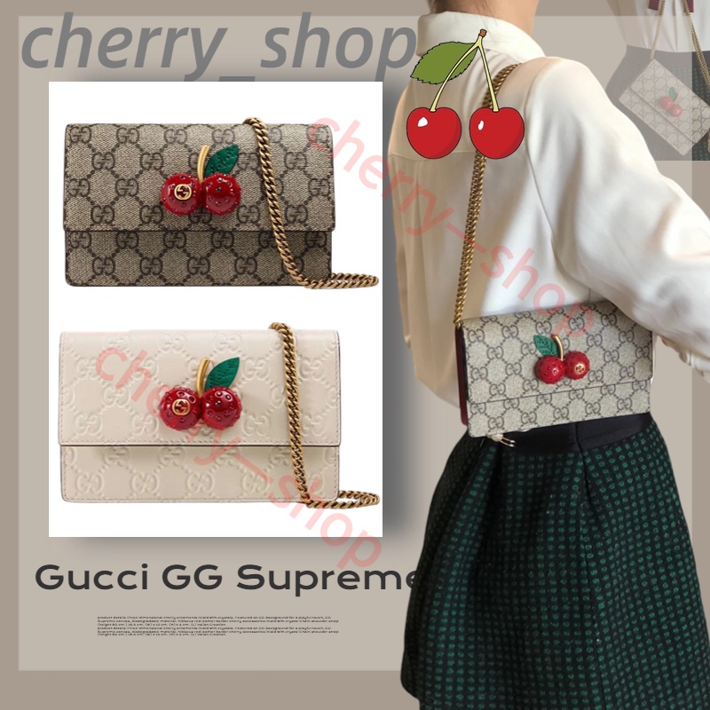กุชชี่ GUCCI GG Supreme Canvas Cherry Mini Bag แท้กระเป๋ามินิเชอร์รี่ในผ้าใบ กระเป๋าสะพายไหล่สายโซ่