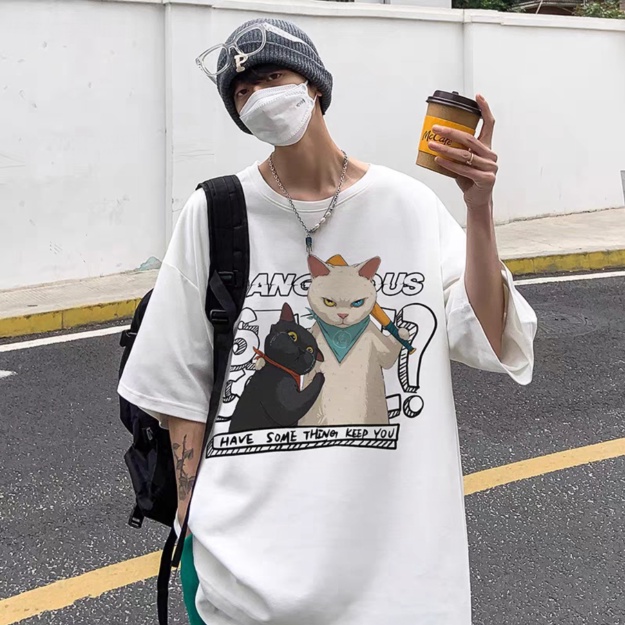 M-8xl American Retro High Street Cool Cat พิมพ์เสื้อยืดรูปแบบที่ไม่ซ้ํากันแขนสั้นเสื้อยืด Hip-hop Casual หลวมเสื้อยืดขนาดใหญ่เสื้อยืดชาย