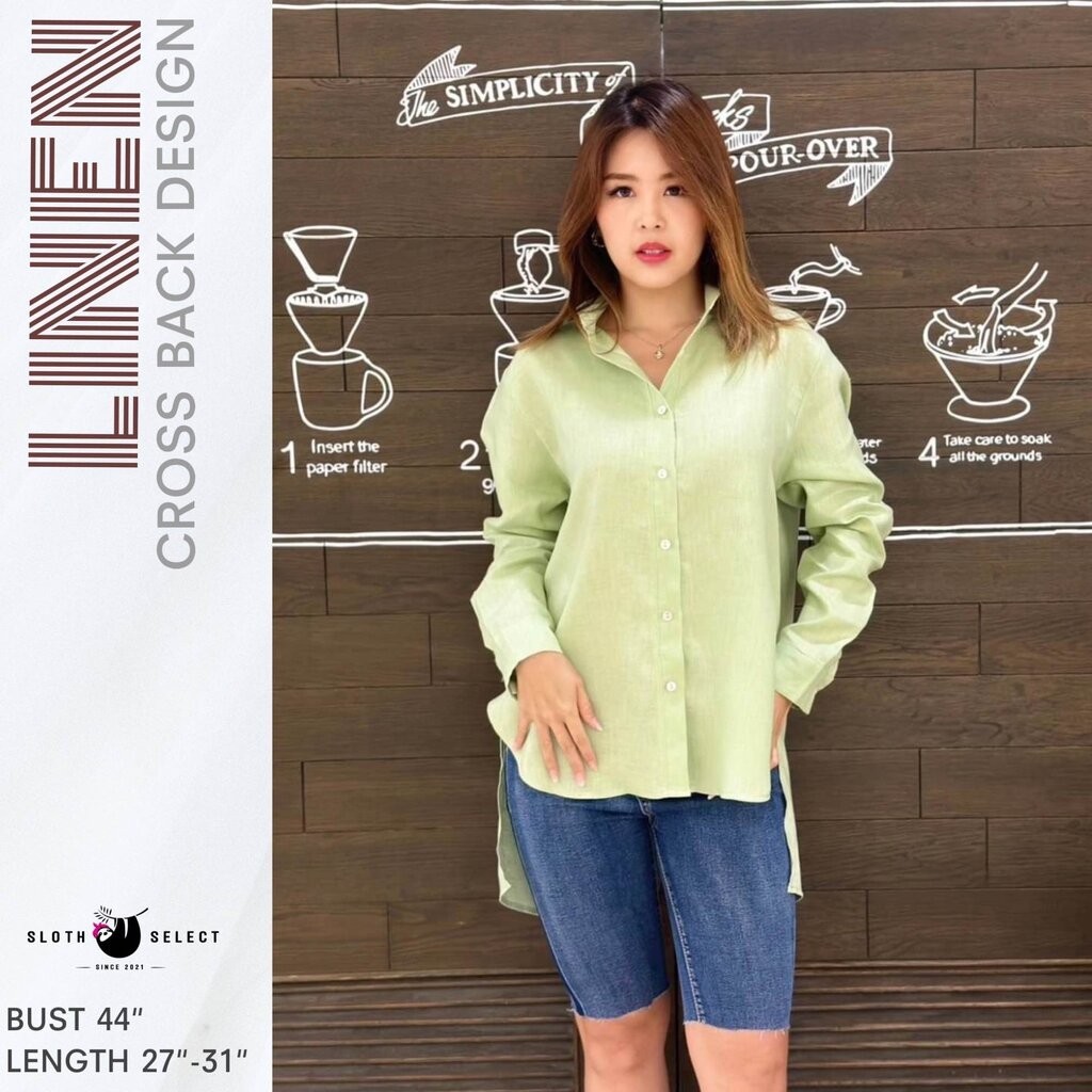 SLOTH SELECT เสื้อเชิ้ตลินินแท้ ดีไซน์ป้ายทบด้านหลัง เก๋มว๊าก