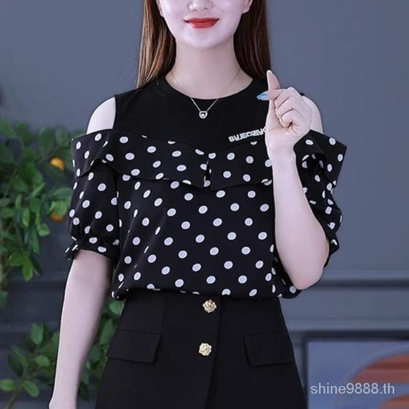 เสื้อยืดแขนสั้น เปิดไหล่ ผ้าชีฟอง แบบบาง ลายทาง แฟชั่นฤดูร้อน สําหรับผู้หญิง WCL6 2023