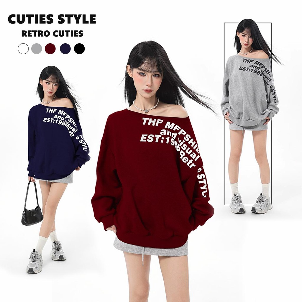 🌻Grace🌻 เสื้อยืดปิดไหล่สีเทาสำหรับผู้หญิงเสื้อแขนยาว ชิค ผ่อนผัน เสื้อยืดลายตัวอักษรสุดเซ็กซี่ 2675