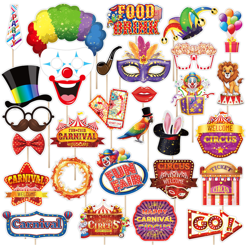 30 ชิ้น Carnival ตกแต่งงานแต่งงาน Fiesta Circus สัตว์ Clowns Photo Booth Props