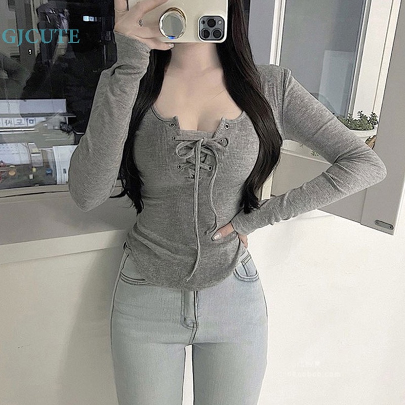 Gjcute เสื้อยืดคอกลม แขนยาว ผูกเชือก เซ็กซี่ สีพื้น ฤดูใบไม้ร่วง สําหรับผู้หญิง WTD - รูปที่ 3