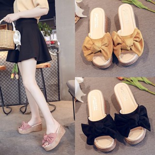 Hwshoes รองเท้าแตะส้นเตารีด พื้นหนา ประดับโบว์ สําหรับผู้หญิง