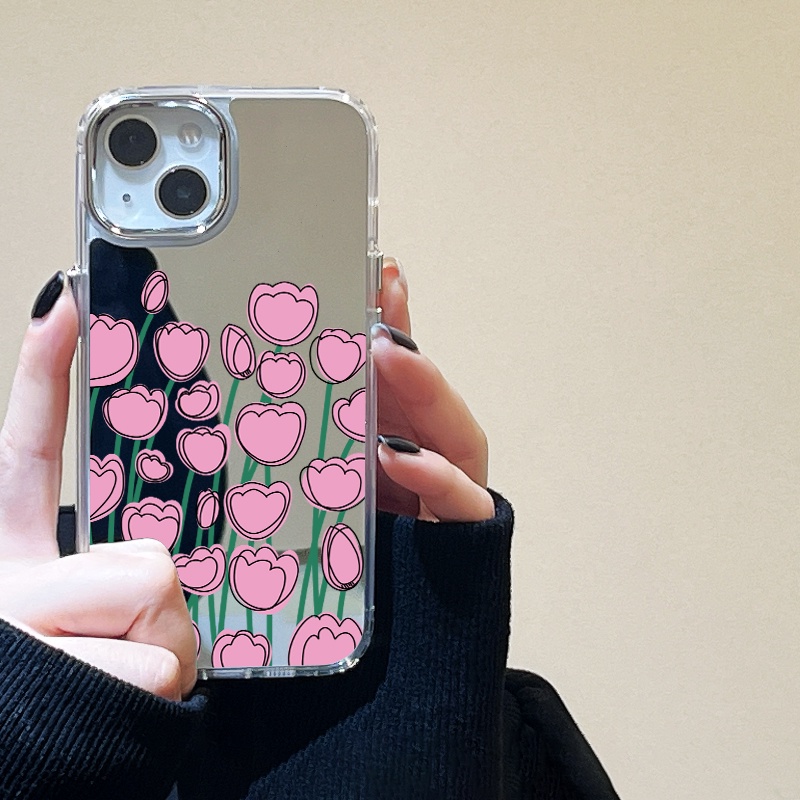 Case เคส for iPhone 11 15 13 14 12 Pro Max เคสไอโฟน11 12Pro 13pro กรณีโทรศัพท์มือถือชุบกระจก พุ่มไม้สีชมพูสวยงาม