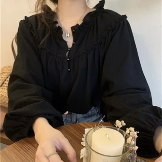 Bh เสื้อเบลาส์ แขนยาว คอกลม ทรงหลวม สไตล์วินเทจ สําหรับผู้หญิง