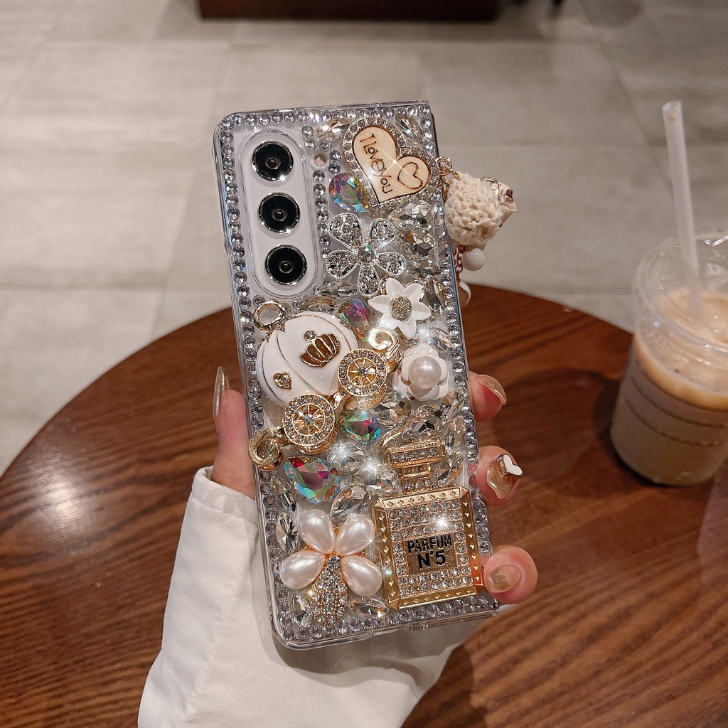 Samsung Galaxy Z พับ 6 5 4 3 2 5G แฟชั่นหรูหรา DIY จี้ดอกไม้ Cinderella Pumpkin Carriage ขวดน้ําหอม Full Bling Diamond Case Cover
