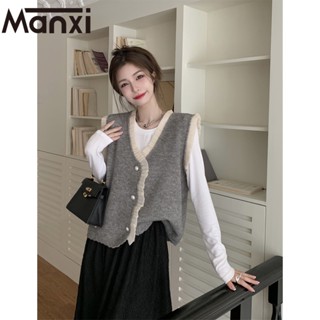 Manxi เสื้อแฟชั่นผู้หญิง เสื้อแขนยาว คลุม ไหมพรม ครอปเสื้อแขนยาว 36Z230908