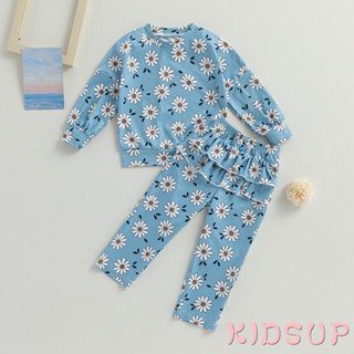 Kidsup1- เสื้อแขนยาว คอกลม พิมพ์ลายดอกไม้ และกางเกง แต่งระบาย สําหรับเด็กผู้หญิง 2 ชิ้น