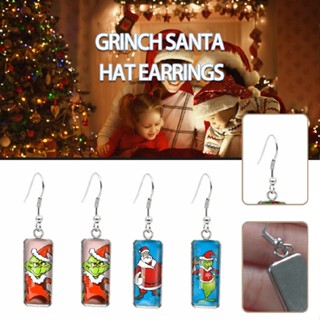 Christmas Grinch Cabochon Glass Hook Earrings For Women Girls Holiday Gift