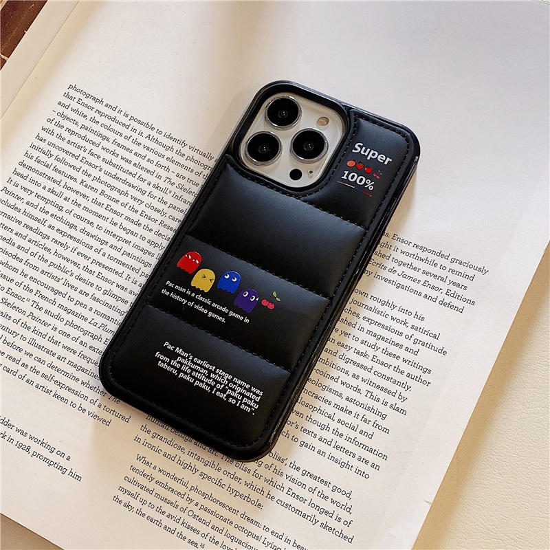 พร้อมสต็อกpac-man 100%IPhone CaseสําหรับIPhone 16 Pro Max 11 12 13 14 15 Pro Maxแฟชั่นแบรนด์ผ้าฝ้ายที่เต็มไปด้วยลงแจ็คเก็ต 3Dปักเป้าฝาครอบโทรศัพท์นุ่มปลอก