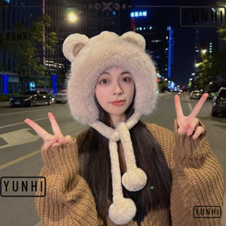 Yunhi หมวกบักเก็ต ผ้าวูล แต่งหูหมีน่ารัก แฟชั่นฤดูหนาว สําหรับผู้หญิง