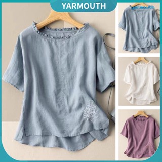 Yyr--เสื้อยืดคอกลม แขนสั้น ปักลายดอกไม้ สีพื้น เหมาะกับฤดูร้อน สําหรับผู้หญิง