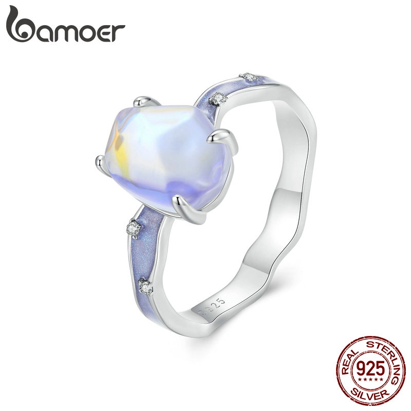 Bamoer แหวนเงินแท้ 925 ประดับเพทาย สีม่วง เครื่องประดับแฟชั่น สําหรับผู้หญิง