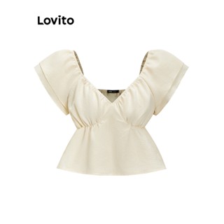 Lovito เสื้อเบลาส์ คอวี ลำลอง สำหรับผู้หญิง L59ED051 (สีแอปริคอท)