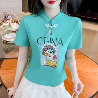 Hot girls pure style summer Chinese style short sleeve new retro design sense elegant stand collar western style T-shirt