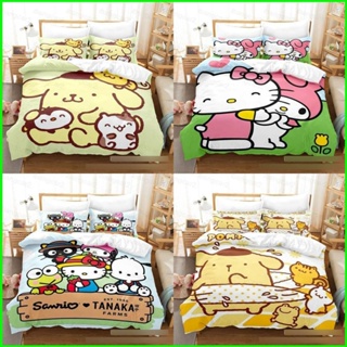 Yb2 ชุดเครื่องนอน ผ้าห่ม ปลอกหมอน ลาย Hello Kitty Pompom Purin 3in1 ซักทําความสะอาดได้ สําหรับหอพัก BY2